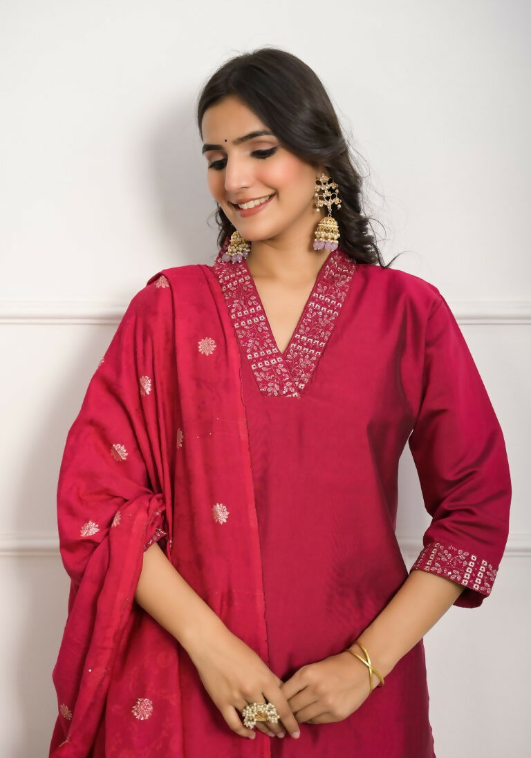Festive Wear Ethnic Red Viscose chanderi Stitched Suit With Dupatta - Nisha | Grocsy