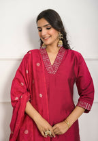 Festive Wear Ethnic Red Viscose chanderi Stitched Suit With Dupatta - Nisha | Grocsy