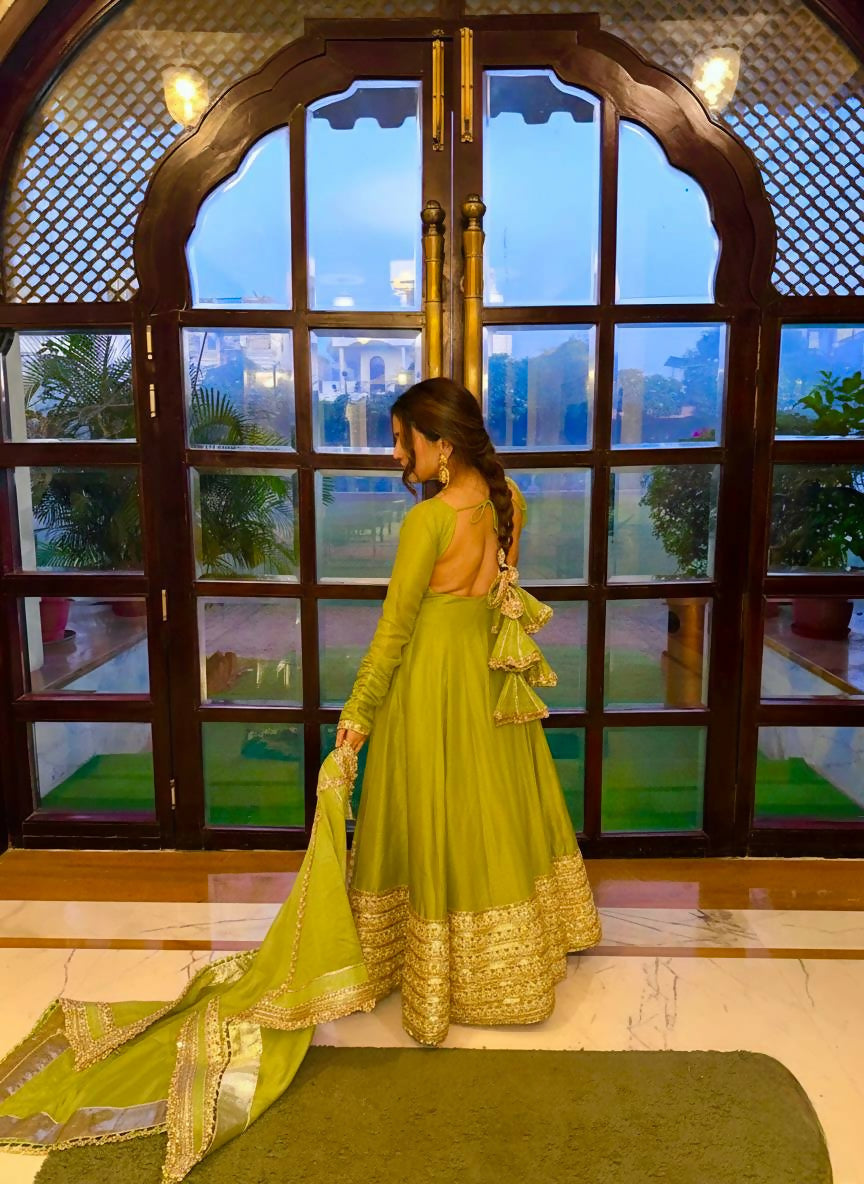 Teeya Creation Womens New Fancy Silk Heavy Quality Fabric With Handwork Light-Green Gown Set | Grocsy