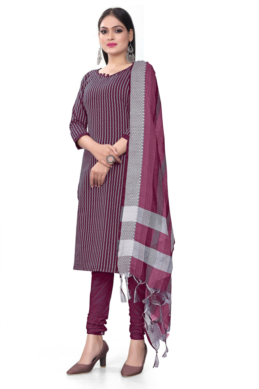 Wine Cotton Jacquard Woven Unstitched Dress Material - Amara | Grocsy