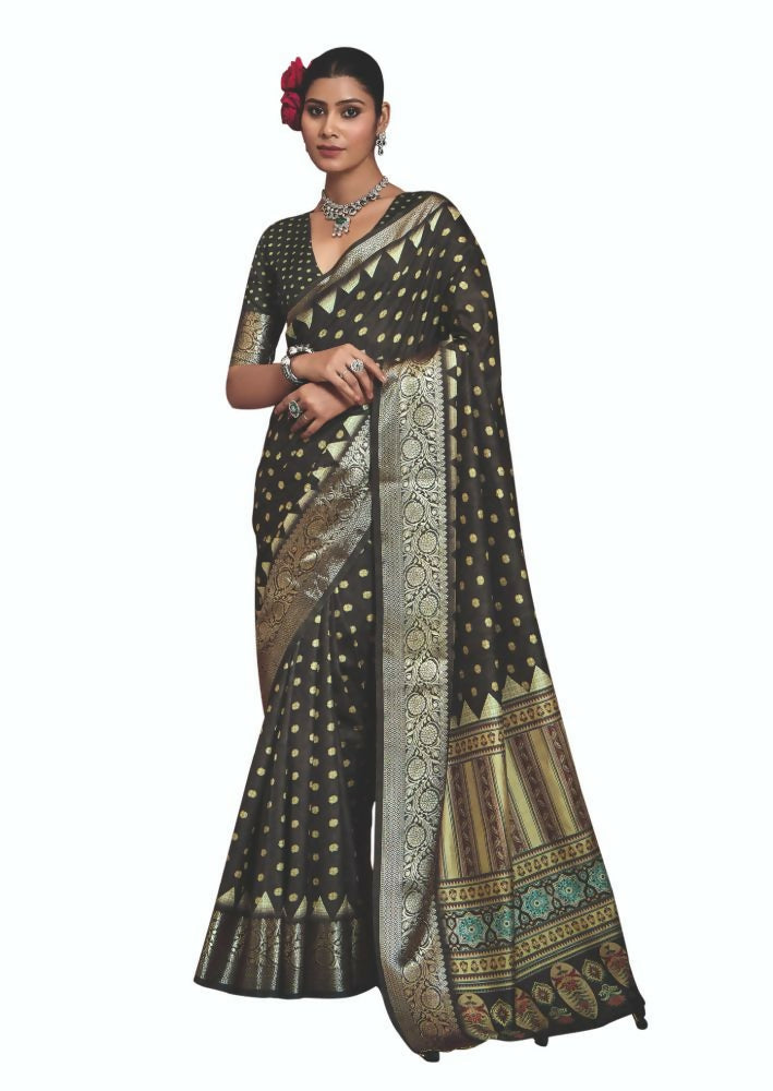 Joban Fashion Grey Dola Tussar Silk Self Jacquard Border Saree | Grocsy