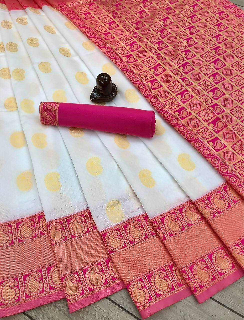 DEIANA'S Beautiful Designer Golden zari Soft Lichi Silk Saree - White | Grocsy