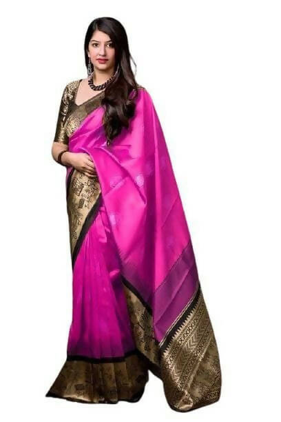 DEIANA'S Beautiful Designer Golden zari Soft Lichi Silk Saree - Pink | Grocsy
