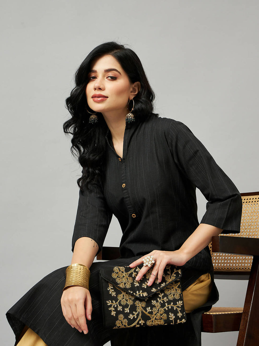 Black Chanderi Silk Texture Straight Kurta - Sabella | Grocsy