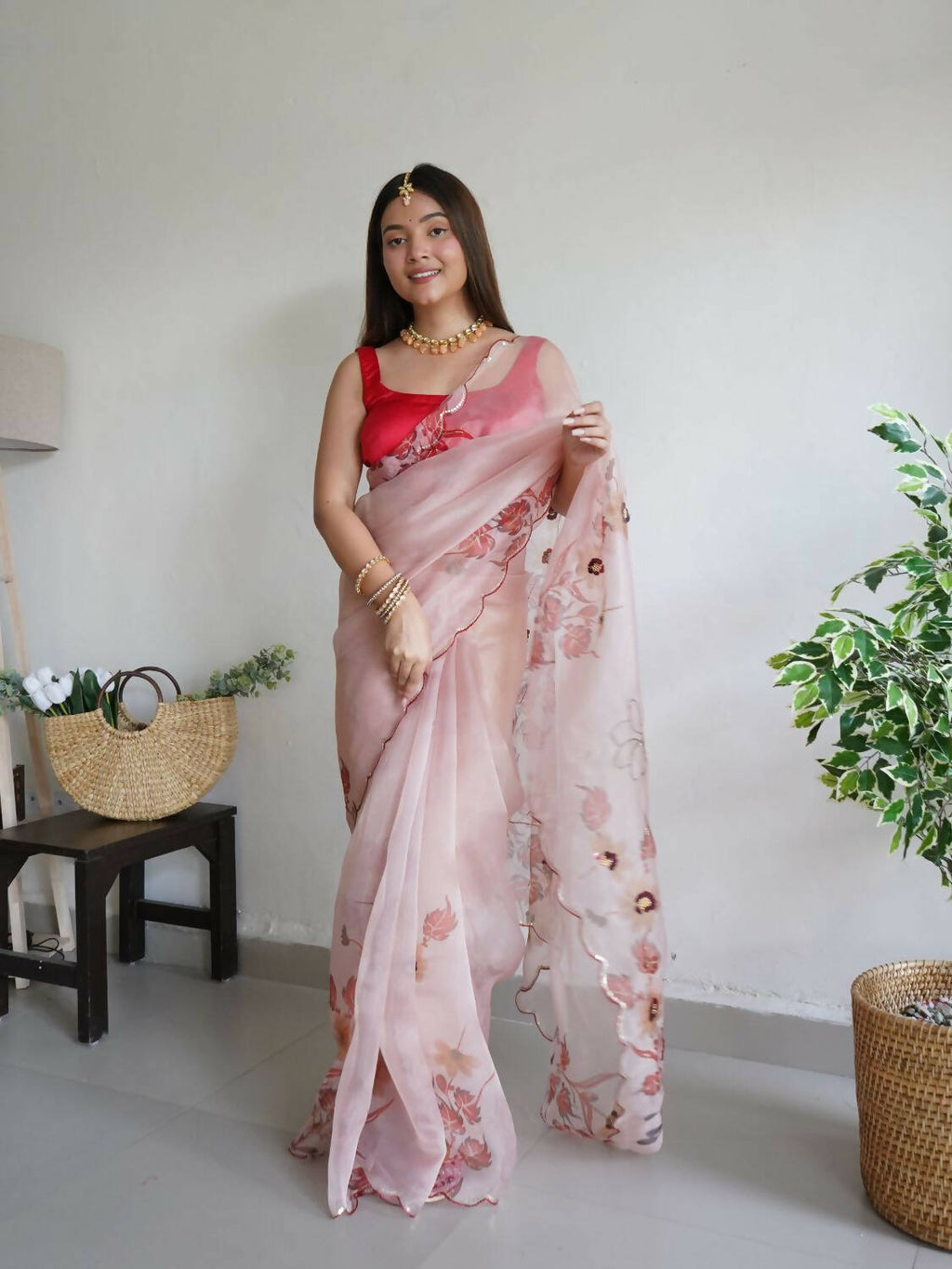 Vamsee Peach Organza Saree | Grocsy
