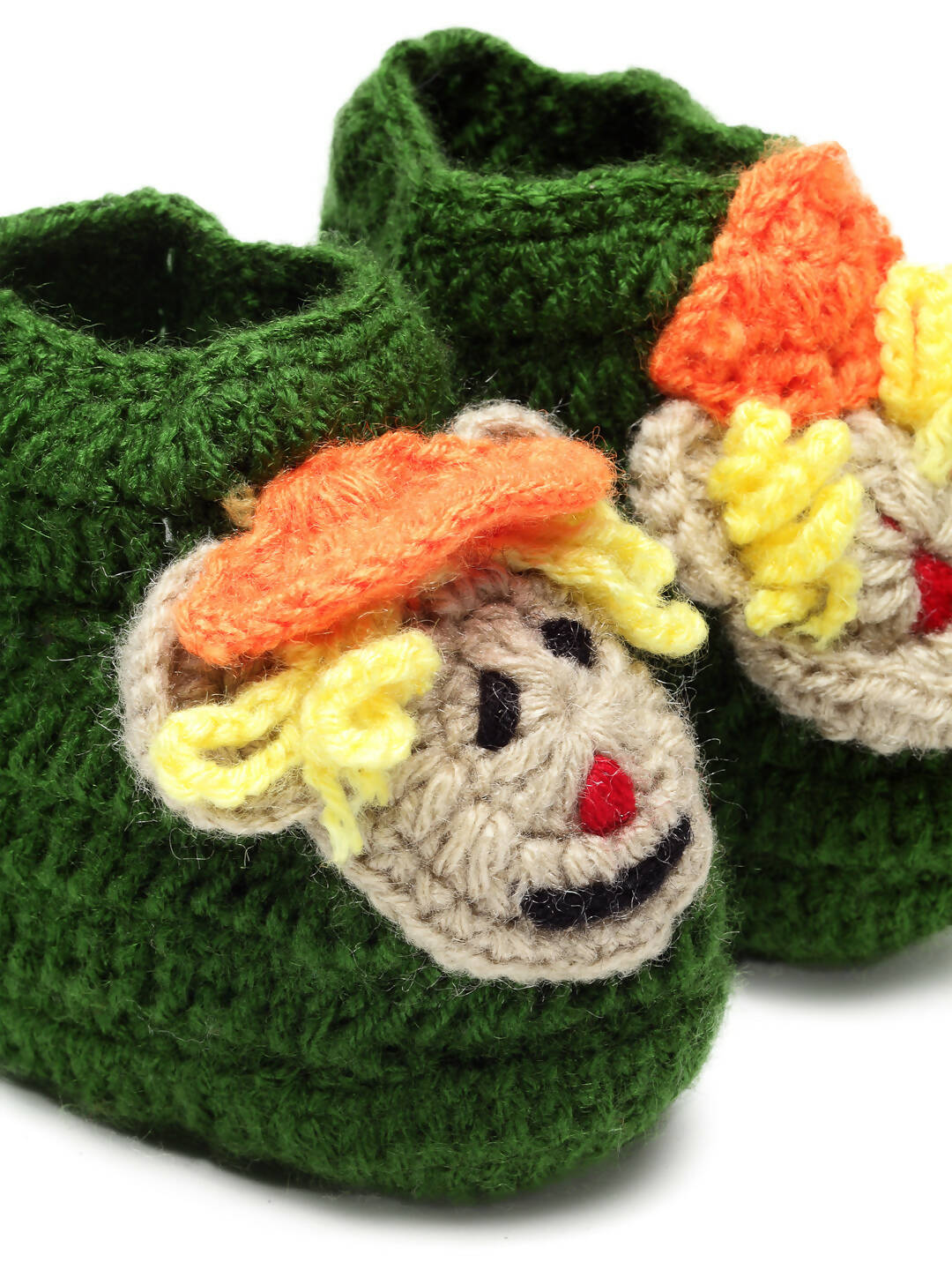Chutput Kids Woollen Hand Knitted Human Face Booties - Green | Grocsy