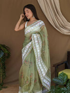 Vamsee White Border Green Organza Saree | Grocsy