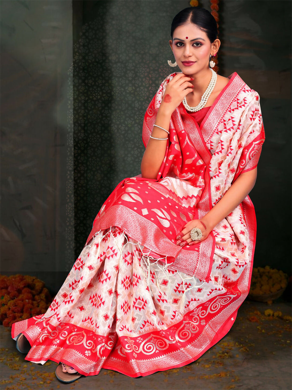 Shree Shyam Fashion Devistuti Red White Linen Cotton Saree | Grocsy