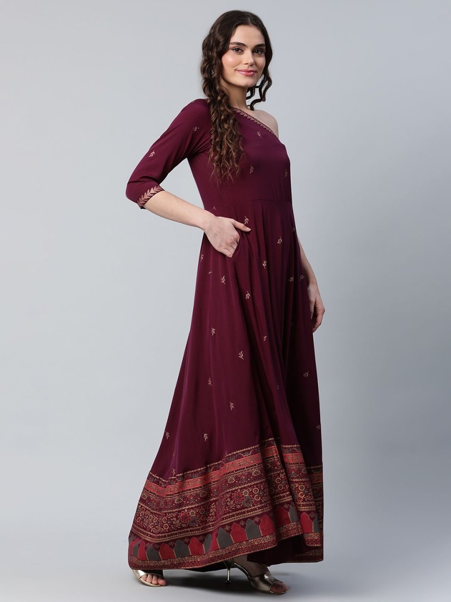 Ahalyaa Women Burgundy & Gold-Toned Ethnic Motifs One Shoulder Ethnic Maxi Dress | Grocsy