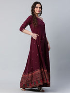 Ahalyaa Women Burgundy & Gold-Toned Ethnic Motifs One Shoulder Ethnic Maxi Dress | Grocsy