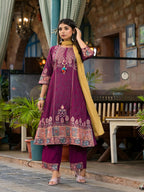 Juniper Women's Plum Floral Printed Liva Rayon Kurta Pant And Dupatta Set With Thread Work Gota Patti & Beads | Grocsy