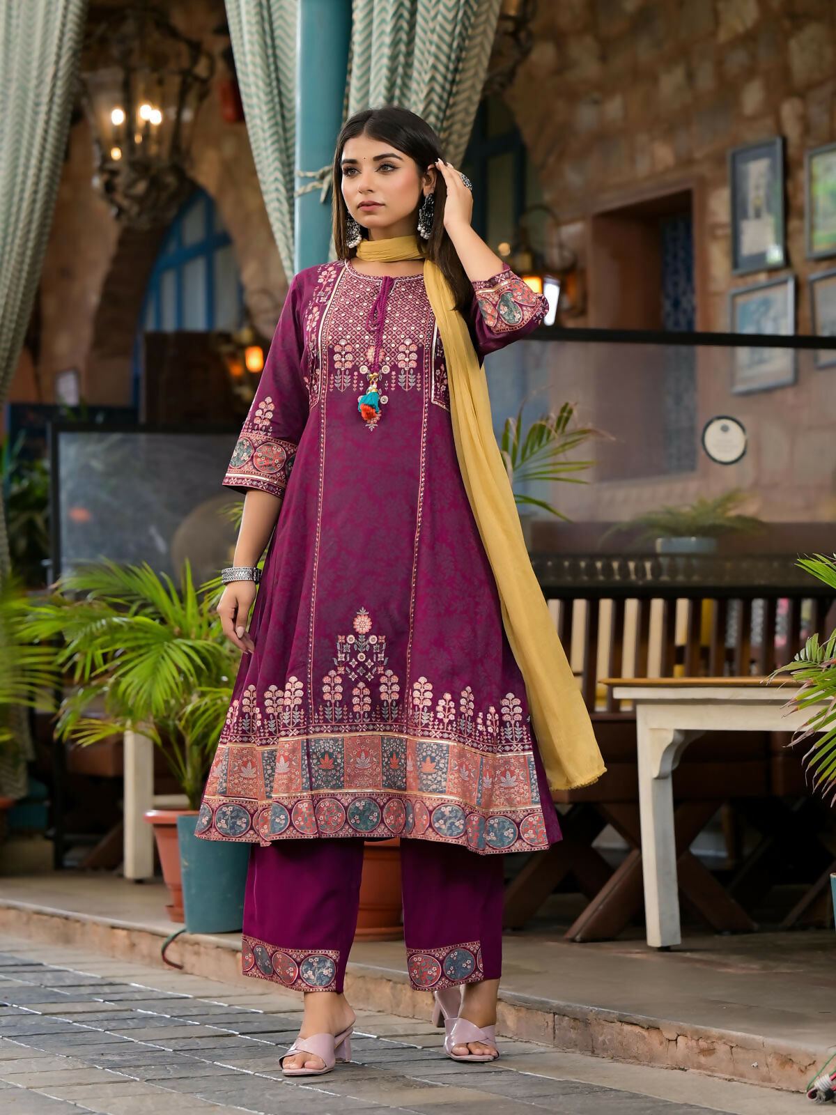 Juniper Women's Plum Floral Printed Liva Rayon Kurta Pant And Dupatta Set With Thread Work Gota Patti & Beads | Grocsy