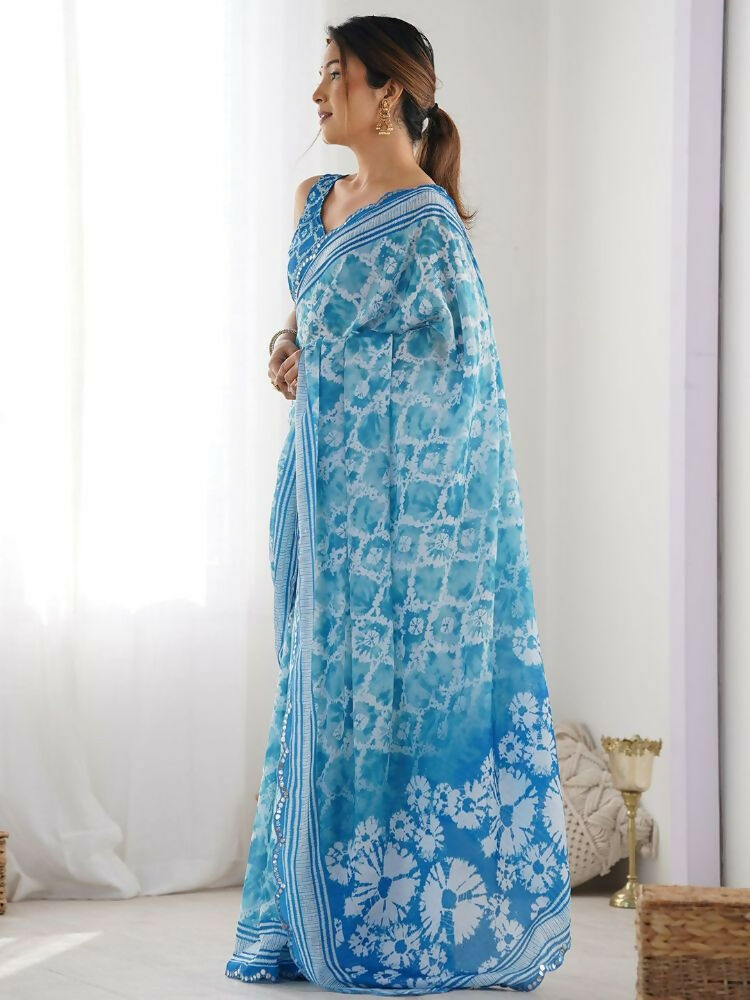 PR Fashion Sky Georgette Digital Print With Mirror Work Saree | Grocsy