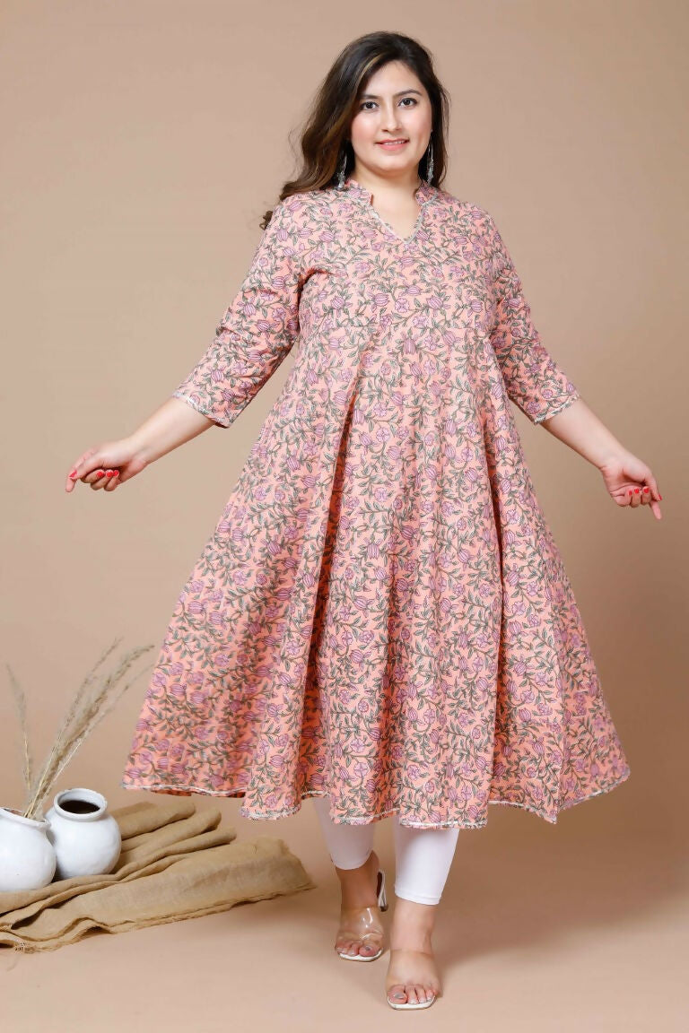 Miravan Women's Orange Plus Size Cotton Floral Printed Anarkali Kurta | Grocsy