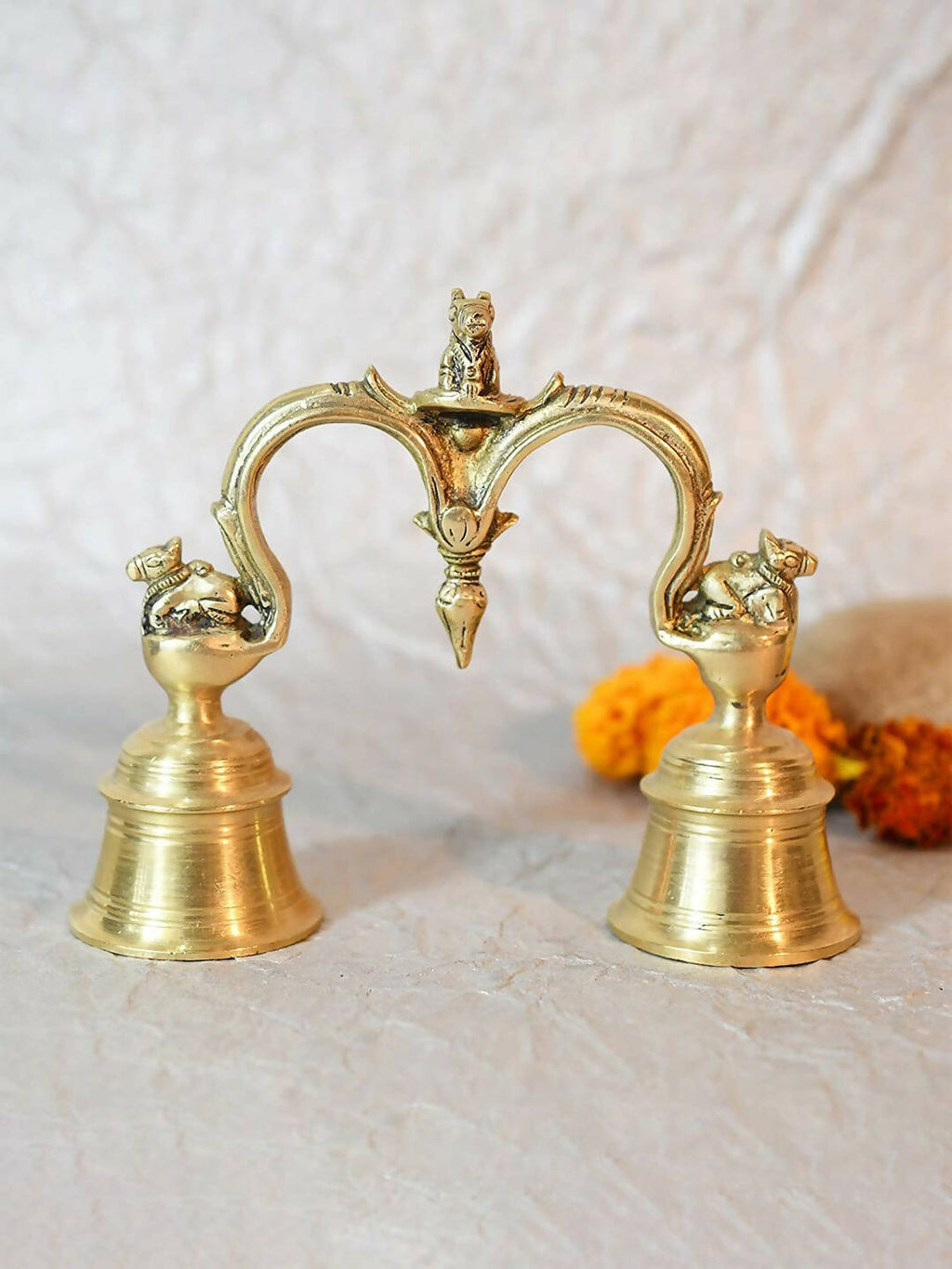 CraftVatika Gold-Toned Brass Hand Held With Nandi Sitting On Top Double Puja Bell | Grocsy