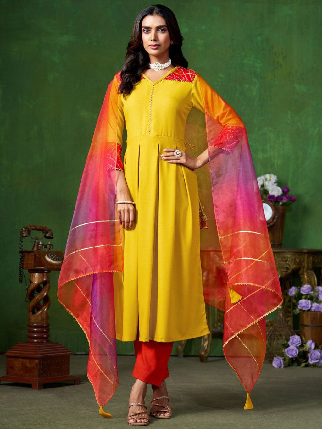 Sangria Yellow V-Neck Three-Quarter Sleeves Regular Gotta Patti Anarkali Kurta & Dupatta | Grocsy
