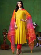 Sangria Yellow V-Neck Three-Quarter Sleeves Regular Gotta Patti Anarkali Kurta & Dupatta | Grocsy