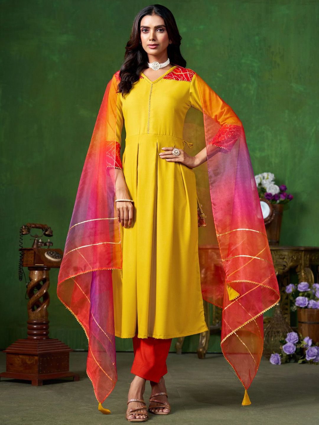 Sangria Yellow V-Neck Three-Quarter Sleeves Regular Gotta Patti Anarkali Kurta & Dupatta | Grocsy