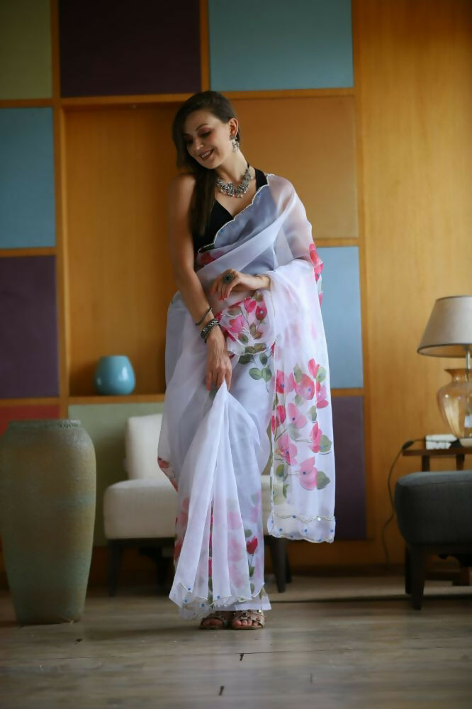 Vamsee Dhruti2 White Organza Saree | Grocsy