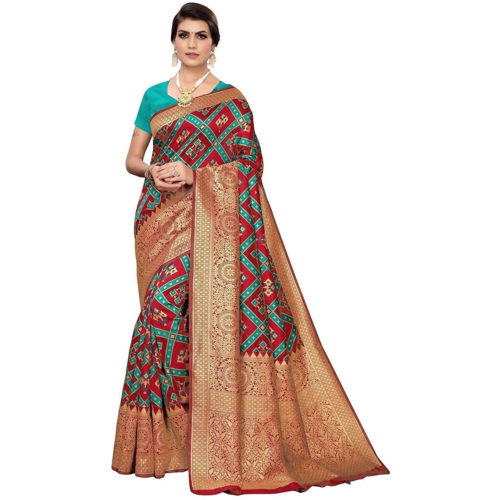 Vamika Banarasi Jaquard Red Weaving Saree (Banarasi 16) | Grocsy