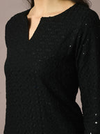 Myshka Women's Black Embroidered Cotton Straight Party Kurta Set | Grocsy