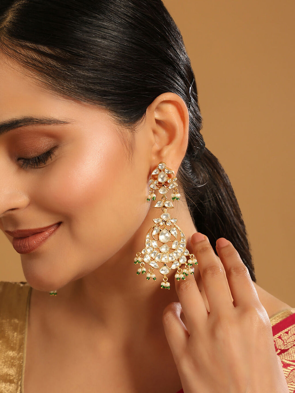 Nuyug 22K Gold Plated Chandbali Stone Drop Kundan Earrings | Grocsy
