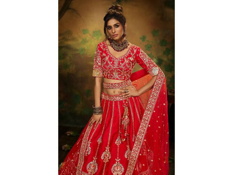 House of Panchhi Red Pure Silk Moti & Zarkan heavy embroidery Lehenga choli & Dupatta | Grocsy