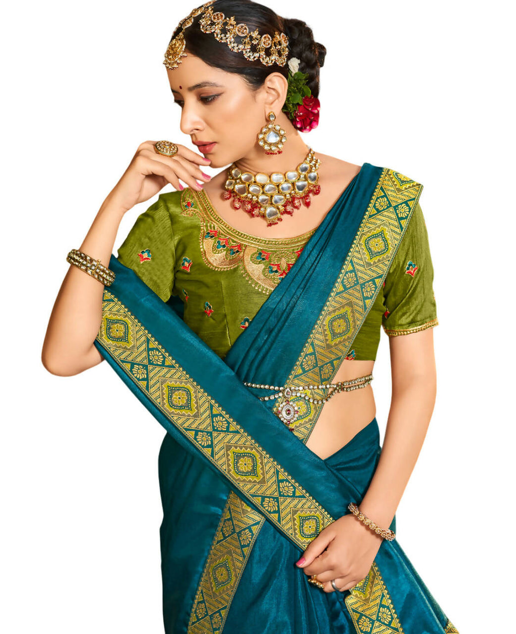 Teal Solid Vichitra Saree With Unstitched Blouse Piece - Selena | Grocsy