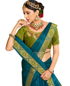 Teal Solid Vichitra Saree With Unstitched Blouse Piece - Selena | Grocsy