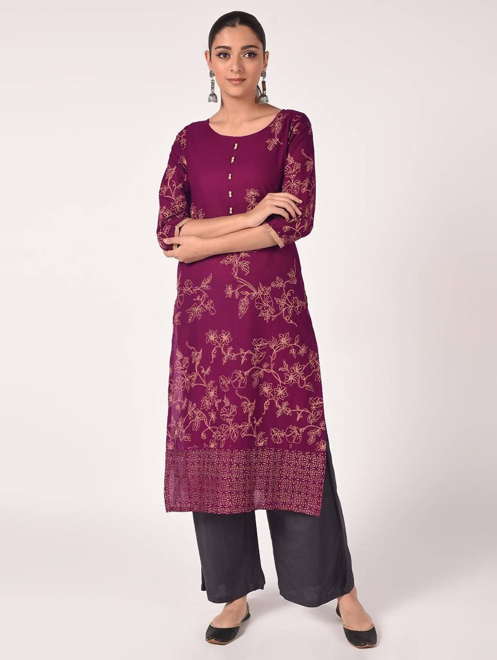 Cheera Hand Block Print Purple Color Straight Kurta | Grocsy