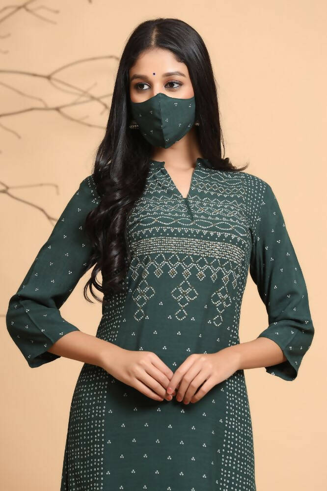 Juniper Women Jade Green Rayon Slub Bandhani Printed A-Line Kurta | Grocsy
