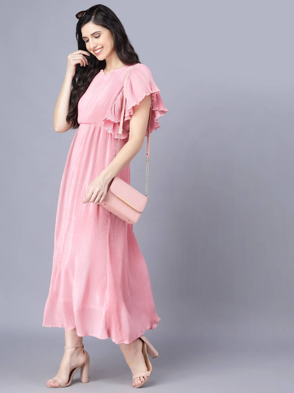 Myshka Chiffon Solid Short Sleeve Round Pink Women Dress | Grocsy