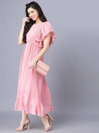 Myshka Chiffon Solid Short Sleeve Round Pink Women Dress | Grocsy