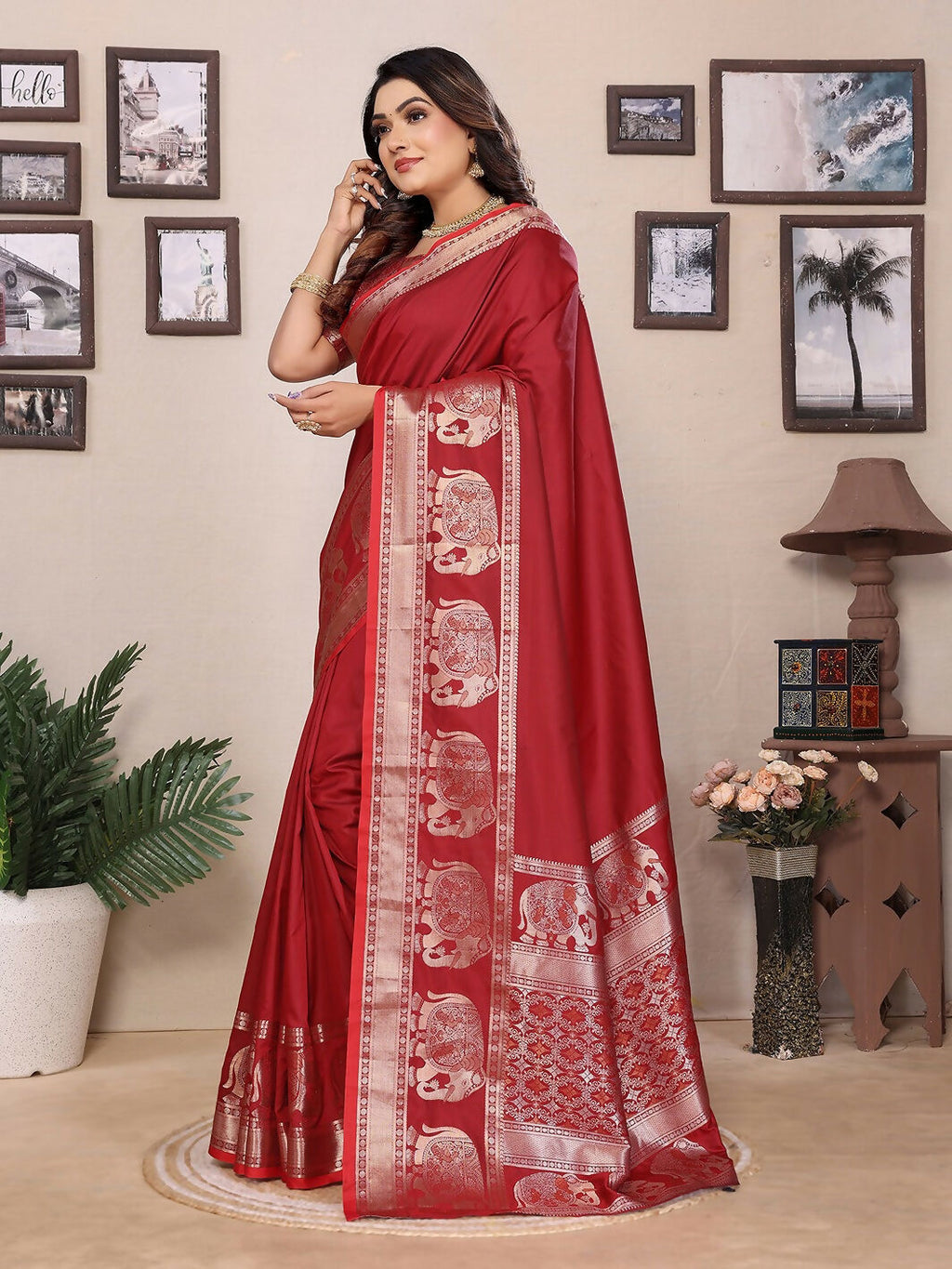 Joban Fashion Red Solid Banarasi Silk Sarees | Grocsy