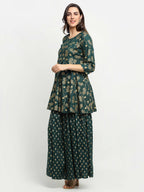 Rudra Bazaar Green Gold Printed Short Kurti With Skirt | Grocsy