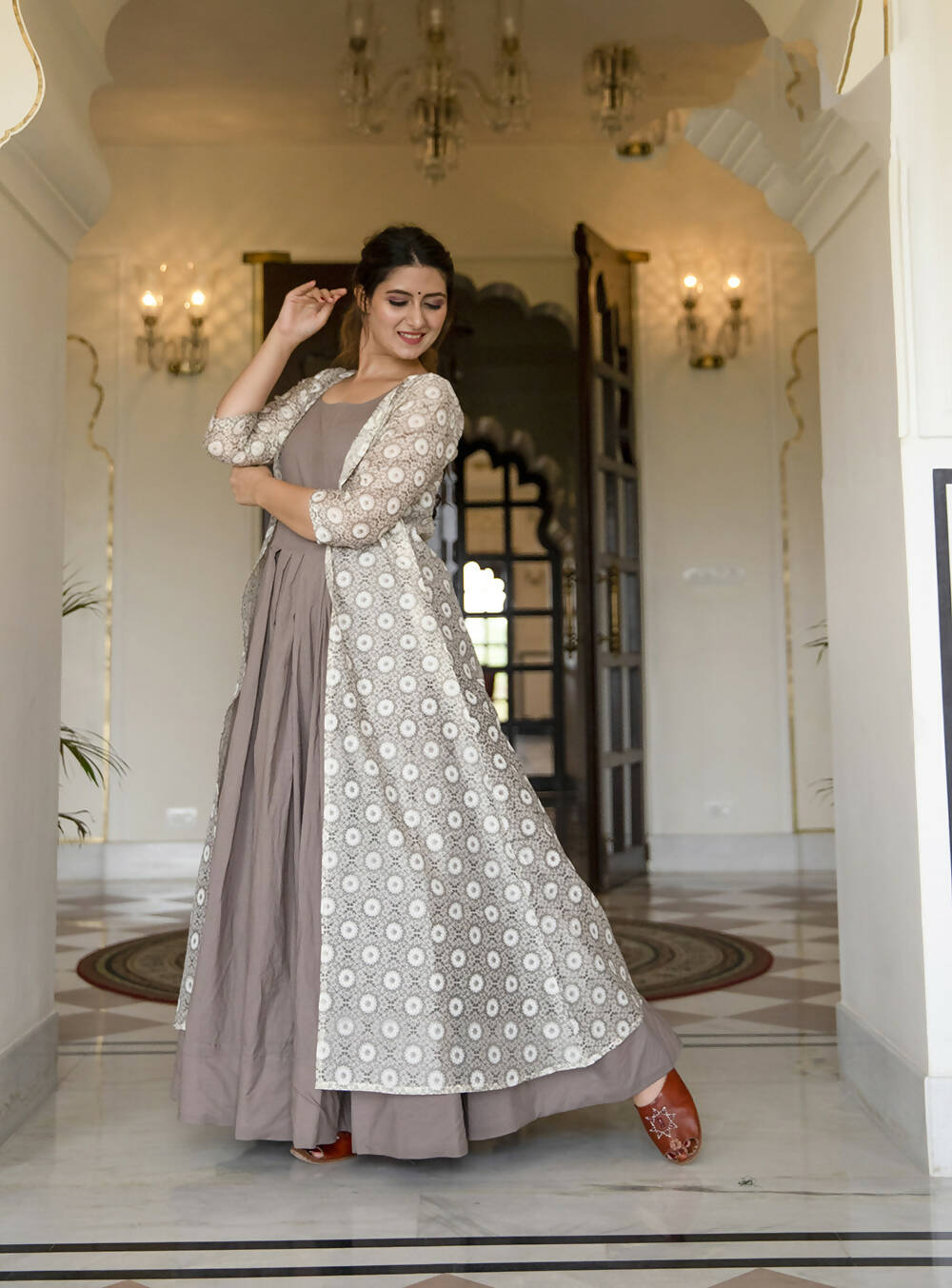Partywear Designer Digital print Grey Maslin Gown - Anbazaar | Grocsy