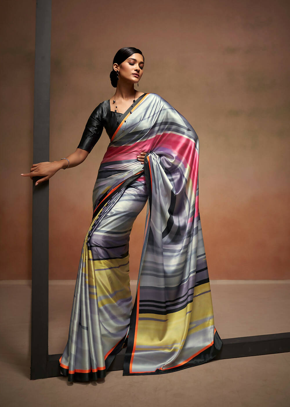 Grey Satin Digital Printed Saree with Unstitched Blouse Piece - Jodha | Grocsy