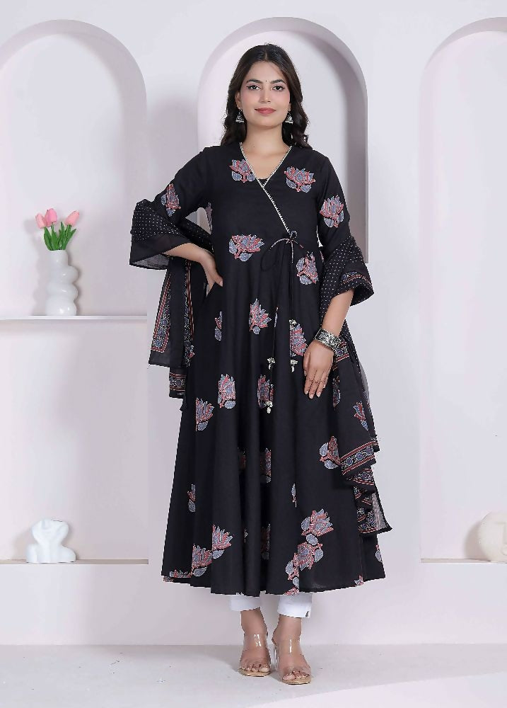 Miravan Black Printed Cotton Anarkali Kurta & Dupatta For Women | Grocsy