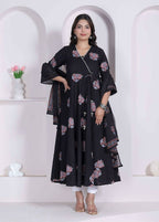 Miravan Black Printed Cotton Anarkali Kurta & Dupatta For Women | Grocsy
