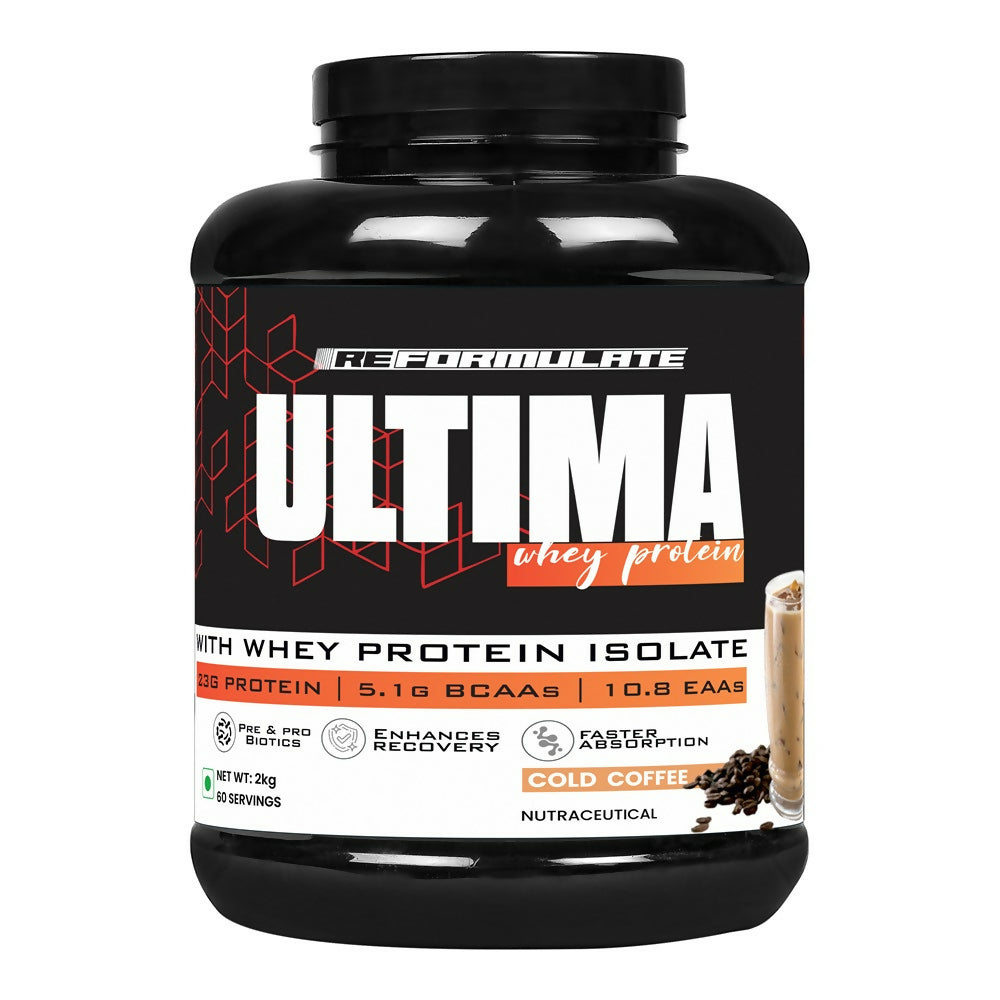 Reformulate Ultima I Whey Protein with Isolate I 23 G Protein I 5.1G BCAA I 10.8 EAA I Pre & Probiotics - Cold Coffee | Grocsy
