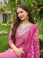 The52 Gajri Women's Beautiful Embroidered Rayon Fabric with Straight Kurta, Pant and Dupatta Set | Grocsy