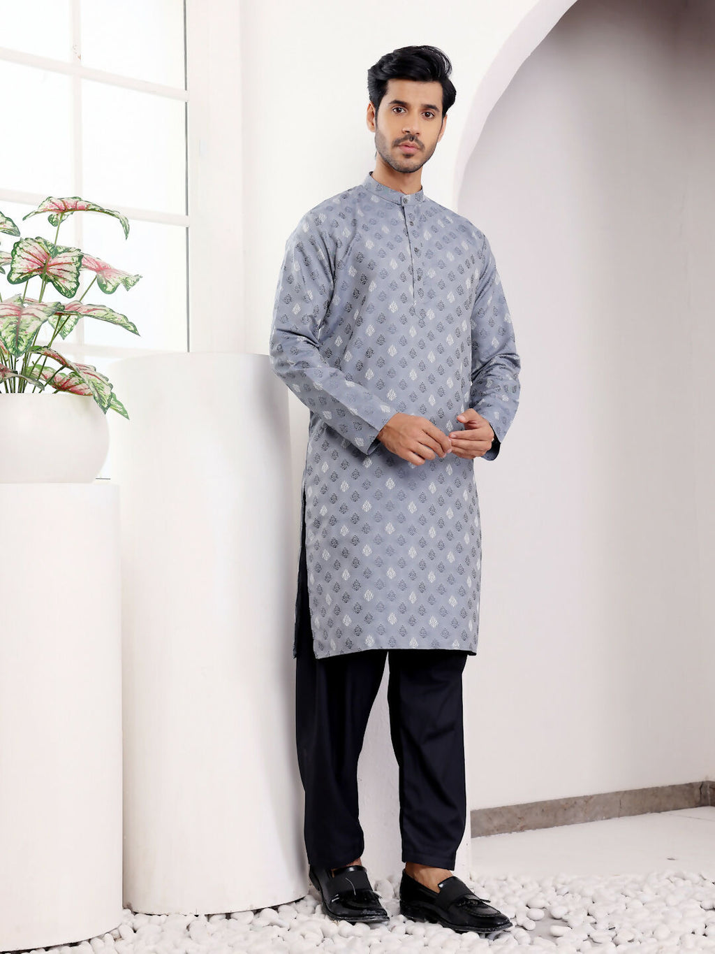 Blue Viscose Woven Jacquard Work Men's Kurta - Mahotsav | Grocsy