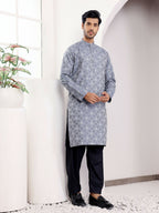 Blue Viscose Woven Jacquard Work Men's Kurta - Mahotsav | Grocsy