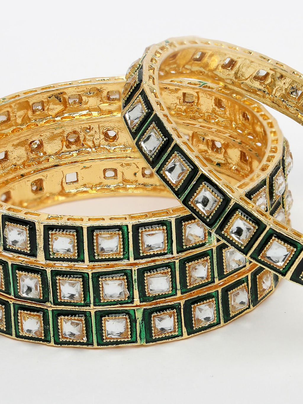 NVR Women's Set Of 4 Gold-Polished Green Kundan-Studded Traditional Bangles | Grocsy
