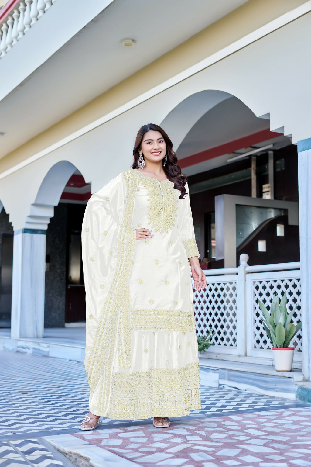 Teeya Creation White Color Chinon Silk Heavy Embroidery Work Wedding Wear Sharara | Grocsy