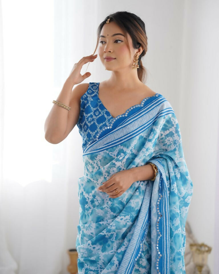 Blue Chinon Designer Digital Printed & Mirror Cut Work Saree - Kriti | Grocsy