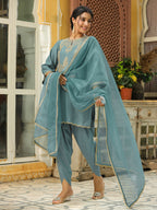 Janasya Light Blue Silk Blend Solid Kurta,Bottom & Dupatta | Grocsy