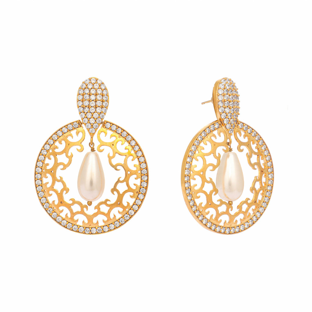 Nuyug 22K Gold Plated Cubic Zirconia Studded Contemporary Moon Shaped Pearl Drop Chandbalis | Grocsy