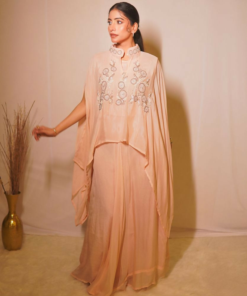 Timaraa Peach Aura Hand-Embellished Georgette Co-Ord Set | Grocsy
