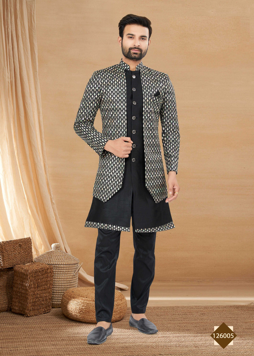 Joban Fashion Men's Black Heavy Art Silk Double Finish Plain Indowestern | Grocsy